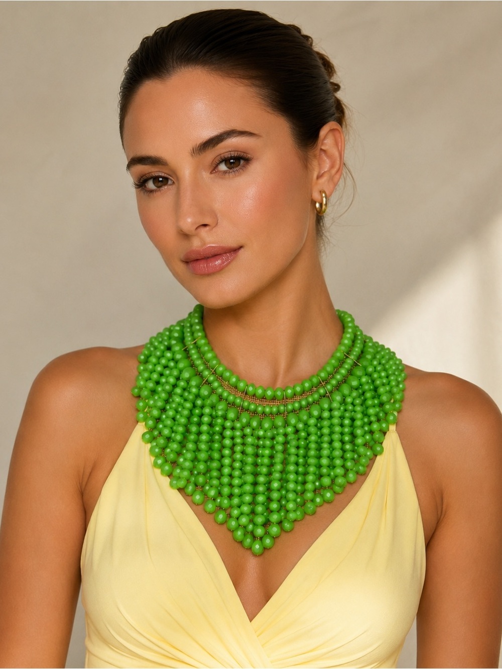 Zara Bright Green Multi-Strand Beaded Bib Necklace